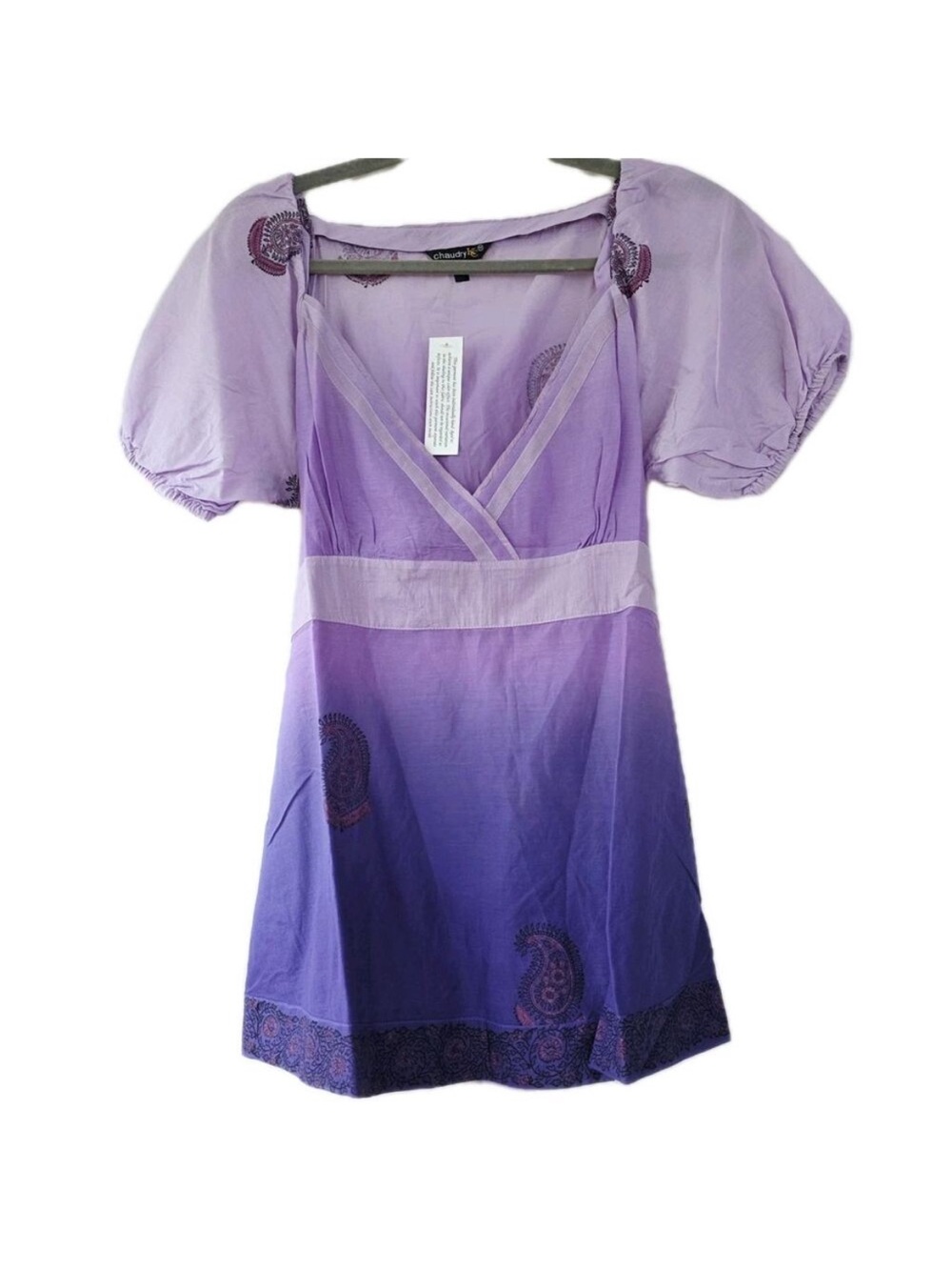 Chaudry Purple Ombre V-Neck Puff Sleeve Tunic with Paisley Design